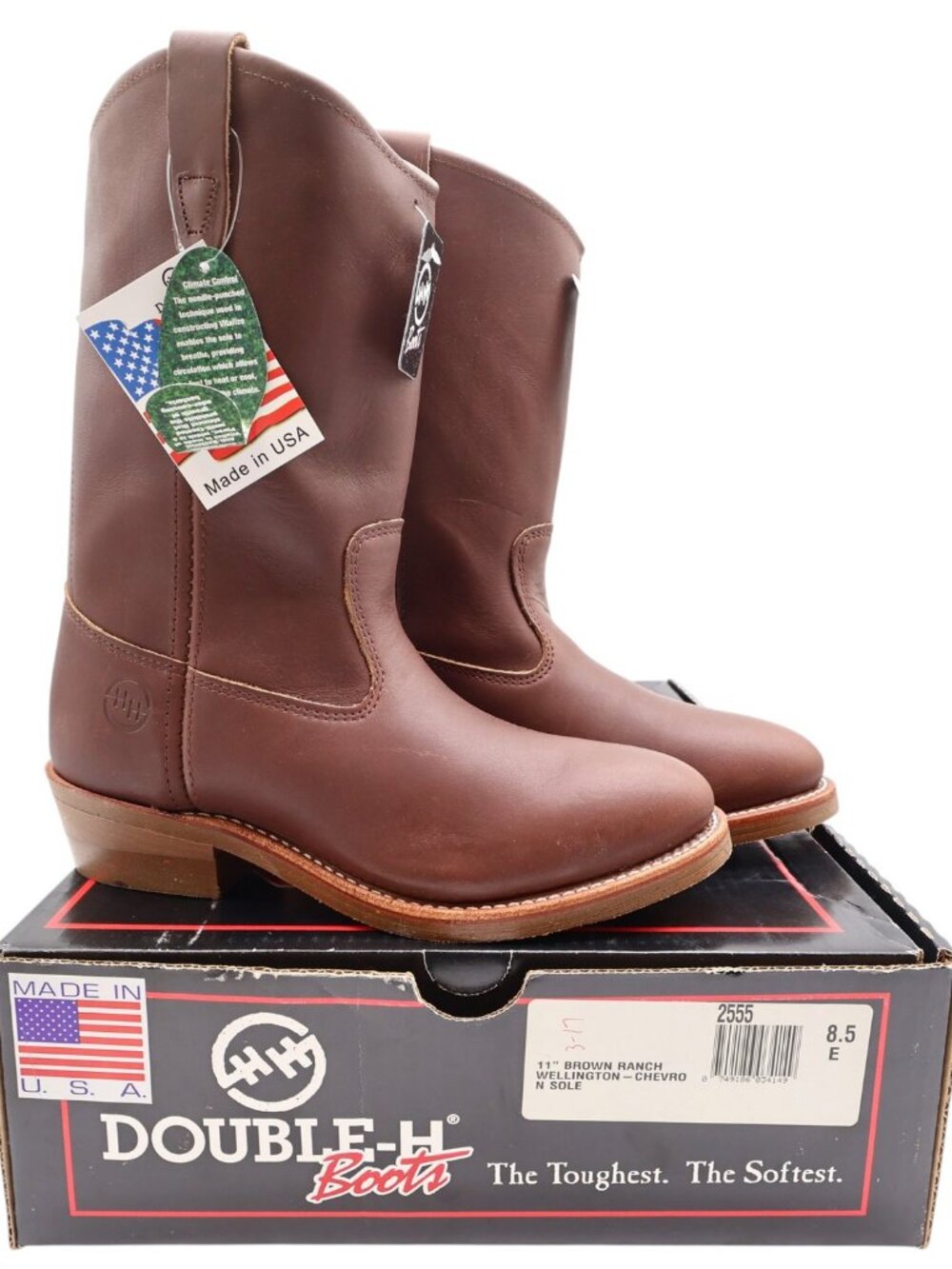 Double-H Boots Mens 8.5 E USA Brown Leather Ranch Wellington Work Boots NIB 2555